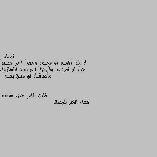 - لا زلتُ أؤمـن أن للحـياة وجهاً آخر جمـيلاً جدًا لم نعرفـه، وفُرصاً لـم يحِن انتهازها، وأصدقـاء لم نلتـق بهـم⚜️ مساء الخير للجميع