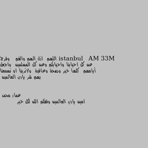 اللهم  ازل الهم والغم   وفرج عن كل احبابنا واحبابكم وعن كل المسلمين  واجعل أيامهم  كلها خير وصحة وعافية  ولاترينا او تسمعنا بهم شر يارب العالمين امين يارب العالمين وفقكم الله لكل خير