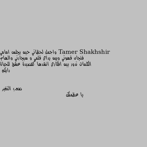 واجمل لحظاتي حين يجلس امامي فنجان قهوتي وبين يداي قلمي و سيجارتي والهام الكلمات تدور بين افكاري انشدها كقصيدة عشق للحياة  رايكم يا عظمتك