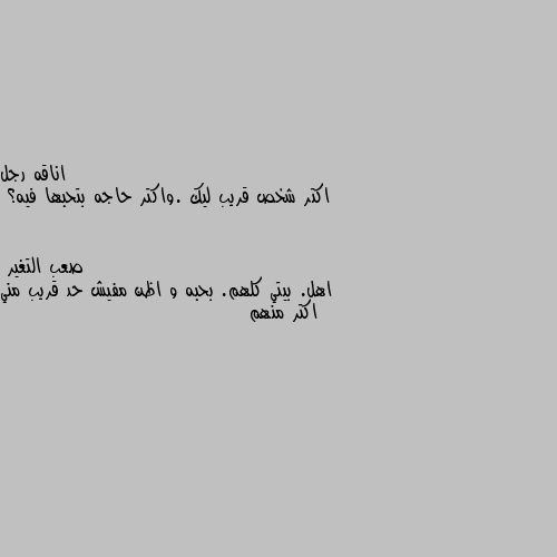 اكتر شخص قريب ليك .واكتر حاجه بتحبها فيه؟ اهل. بيتي كلهم. بحبه و اظن مفيش حد قريب مني اكتر منهم