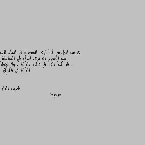 من الطَبيعي أنْ ترى السفينَة في المآء لكِن من الخطَر أن ترى المآء في السفِينة .
فَ كنْ أنتَ في قَلبِ الدُنيا ، ولآ تجعلْ الدُنيا في قَلبِكَ صحيح