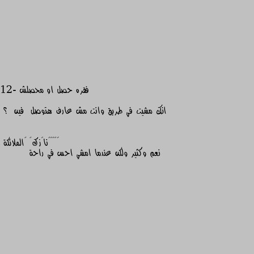 فقره حصل او محصلش

12- انك مشيت في طريق وانت مش عارف هتوصل  فين  ؟ نعم وكثير ولكن عندما امشي احس في راحة