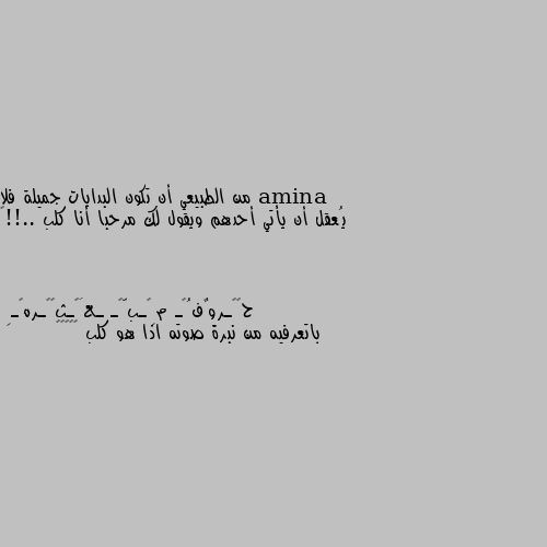 من الطبيعي أن تكون البدايات جميلة فلا يُعقل أن يأتي أحدهم ويقول لك مرحبا أنا كلب ..!!🦇 باتعرفيه من نبرة صوته اذا هو كلب 😂😂😂😂😂