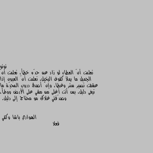 تعلمت أنّ العطاء لو زاد عن حدّه خطأ، تعلمت أنّ الجميل ما يملأ كفوف البخيل، تعلمت أنّ العيون إذا عشقت تصير ستر وغطا، وإنّ أصدق دروب المحبّة ما تبغى دليل، بس أنت أغلى من مشي على الأرض ووطأ، وصدّقني غلاك مو محتاج إلى دليل. فعلا